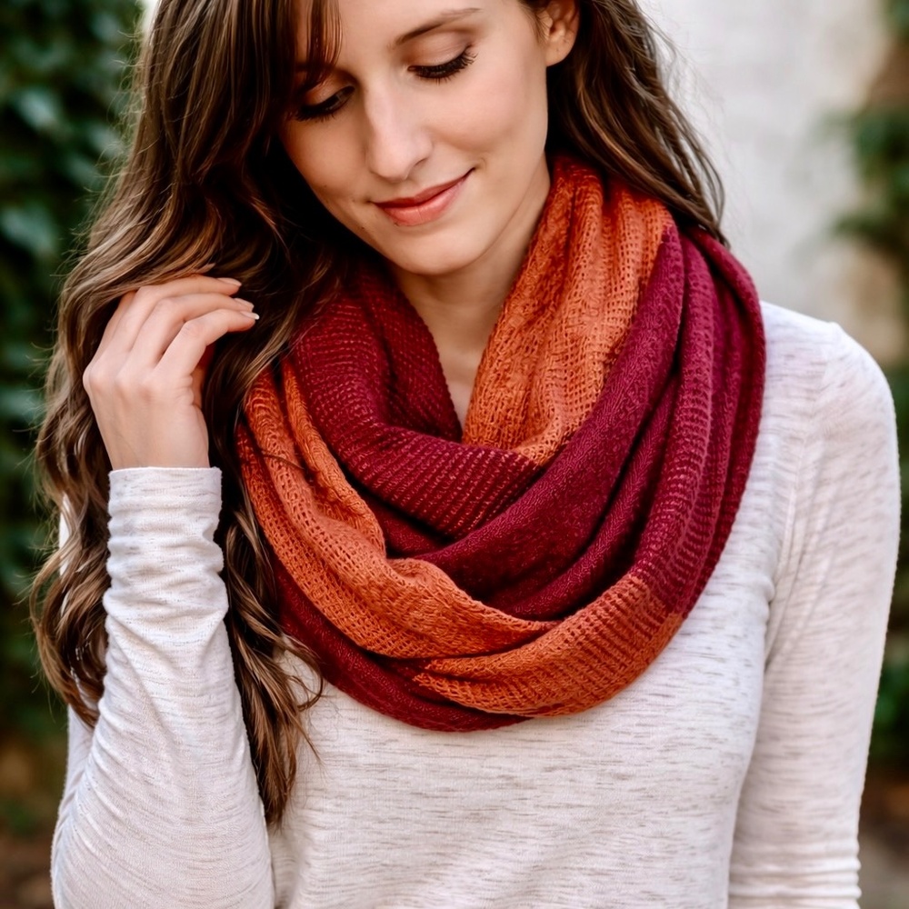 Rust Orange Burgundy Textured Knit Infinity‎ Scarf Fringe Detail